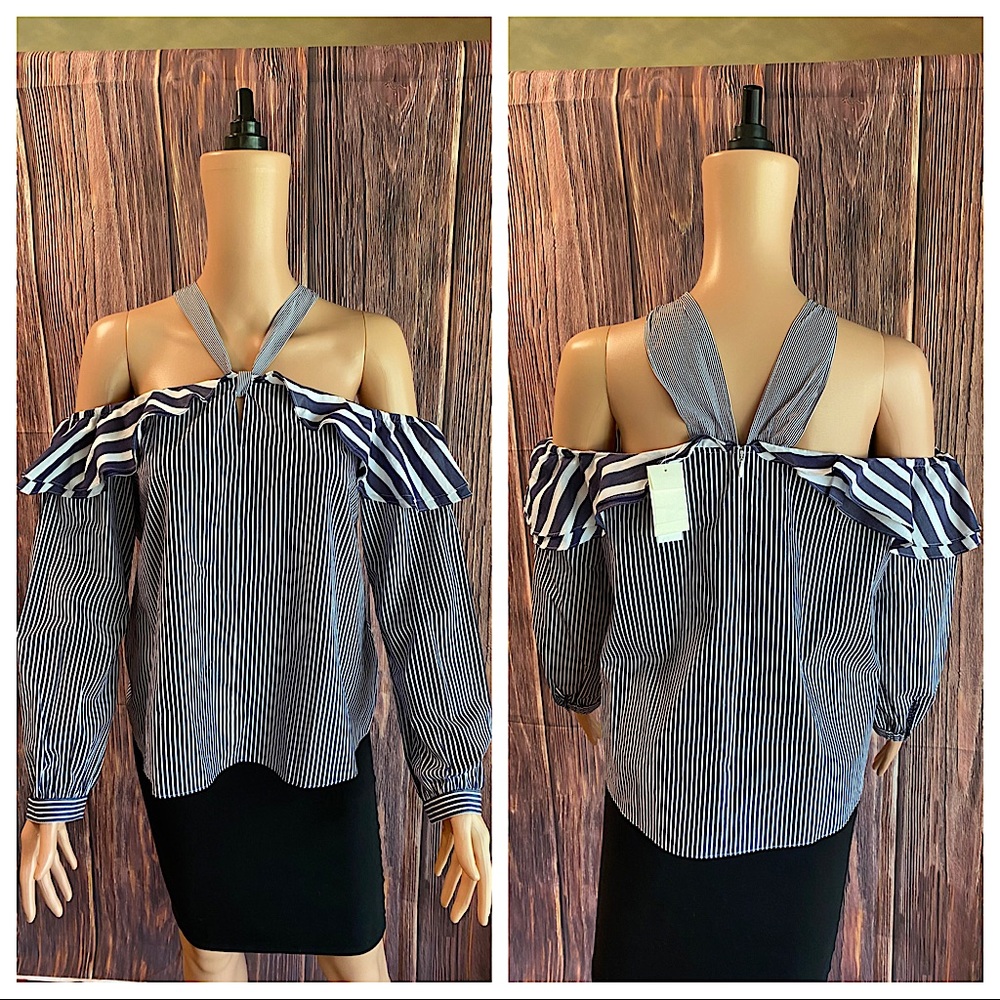 J.Crew size 6 NWT blue & white stripped boho cut out sleeve ruffle blouse